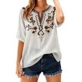thumbnail image 2 of Summer Women Boho T-Shirts Floral V Neck Embroidered Tops Short Sleeve Loose Casual Flowy Trendy Shirts White 2XL, 2 of 6