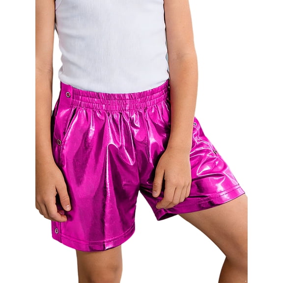 inhzoy Kids Girls Boys Hip Hop Dance Shorts Metallic Shiny Shorts Stage Performance Hot Pink 6