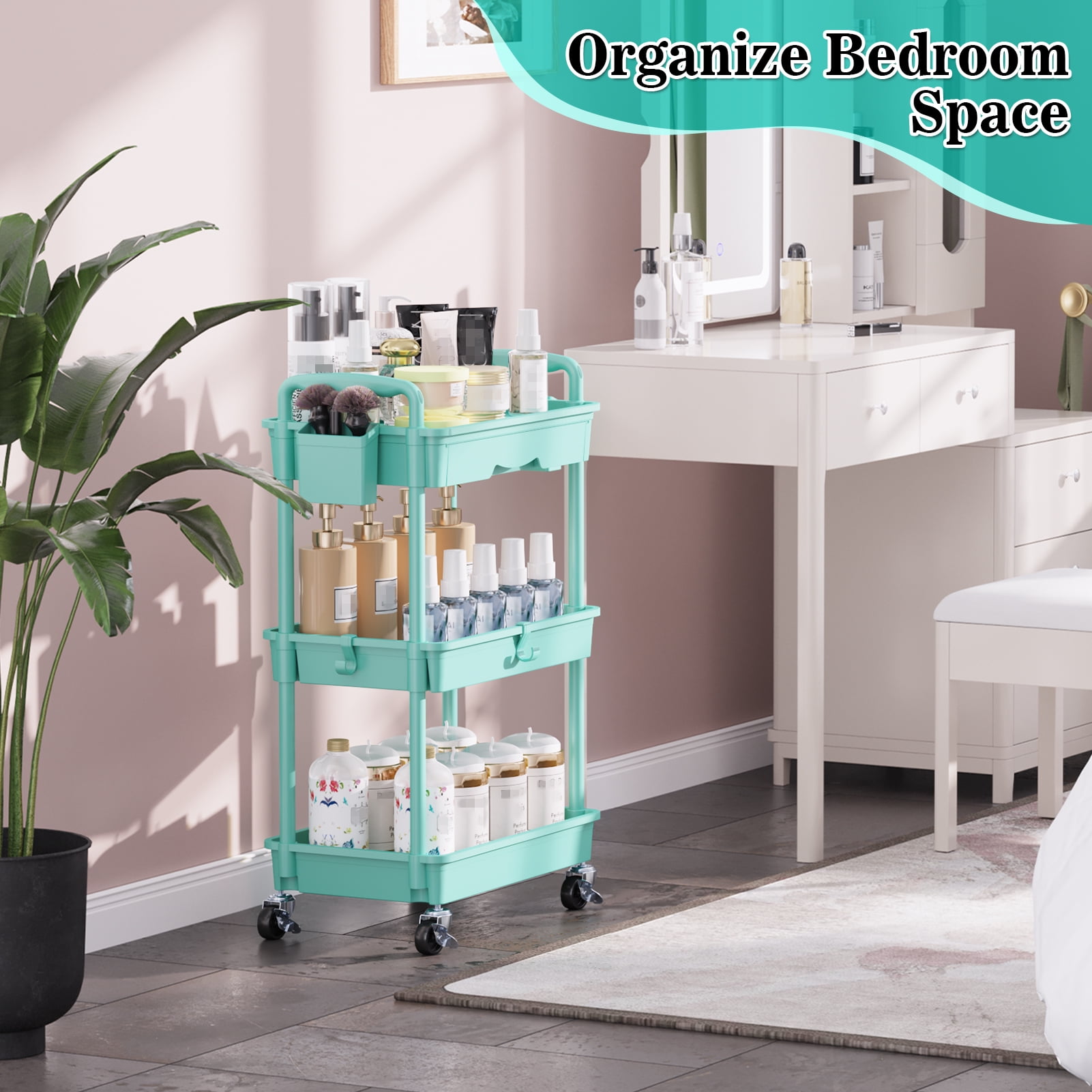 3 Tier Rolling Utility Cart with Removable Drawer, Bathroom Storage Organizer with 2 Lockable Wheels, Mobile Shelving Unit for Kitchen, Office, Snack, Craft, Makeup, Baby Essentials, Blue