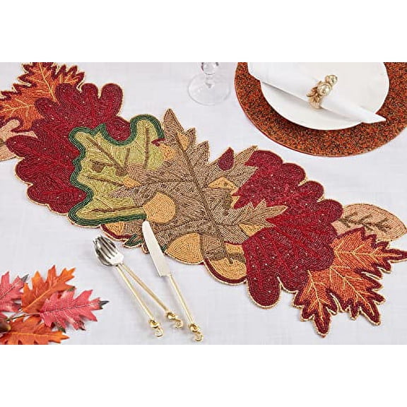 Fennco Styles Hand Beaded Fall Leaves Table Runner 13" W x 36" L - Multicolored Harvest Table Cover for Home Décor, Holidays, Family Gatherings, Banquets and Special Occasion