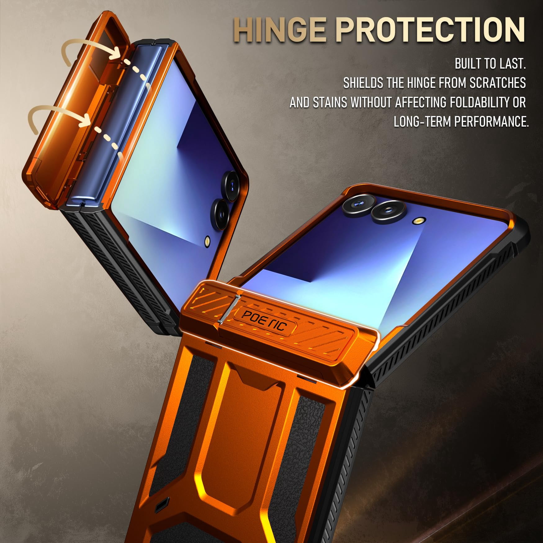 Poetic Spartan for Samsung Galaxy Z Flip 7 Case, [Kickstand] [Hinge Protection] [20FT Mil-Grade Drop Tested], Full-Body Rugged Shockproof Protective Phone Cover for Galaxy Z Flip7, Metallic Orange