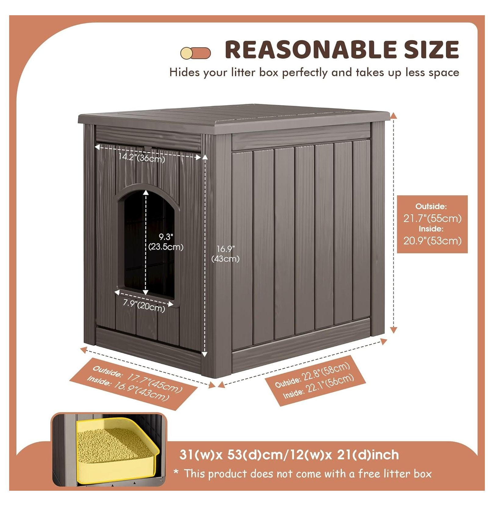 Cat House Indoor Outdoor, PP Plastic Cat Shelter - Large Gray Cozy Pet House for Cats & Kittens, Easy Assembly, Waterproof, All-Season Hideaway