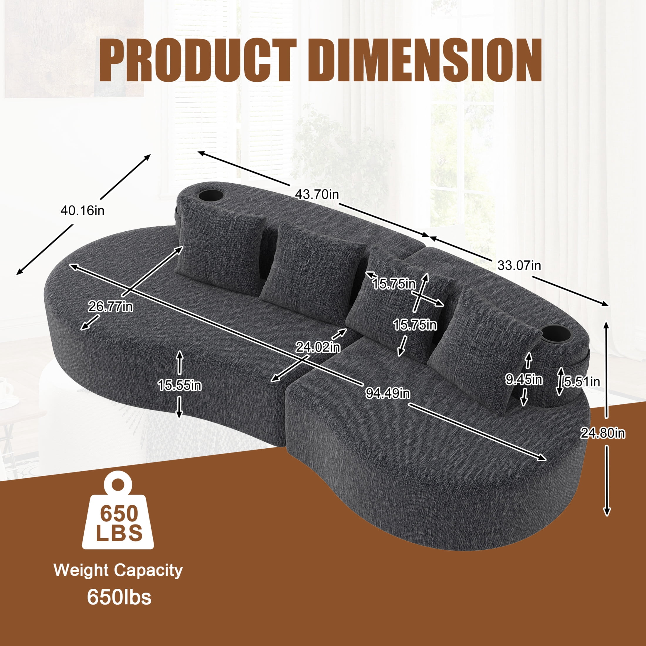 Noble House 3-Seat Curved Chenille Sectional Sofa, Modular Half Moon Couch, Dark Gray