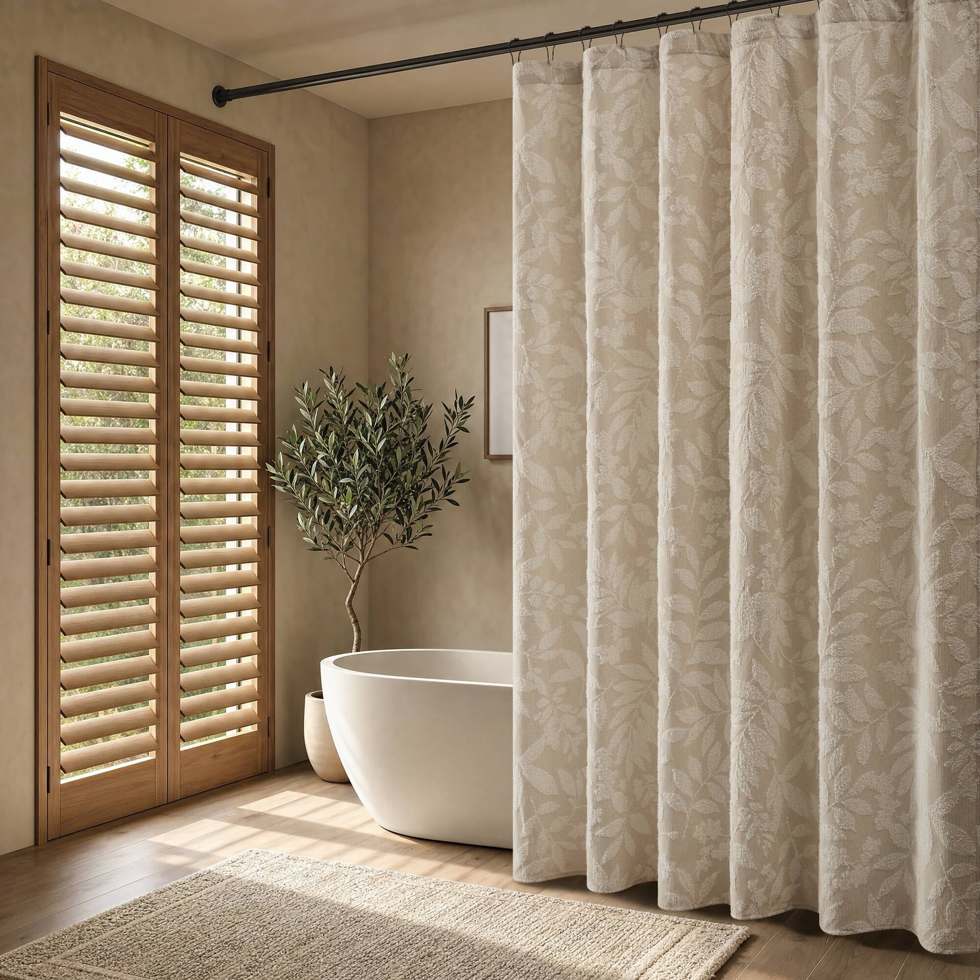 Cotton Blend Botanical Jacquard Shower Curtain, 72 x 72 in, Tufted Leaf Motifs, Machine Washable