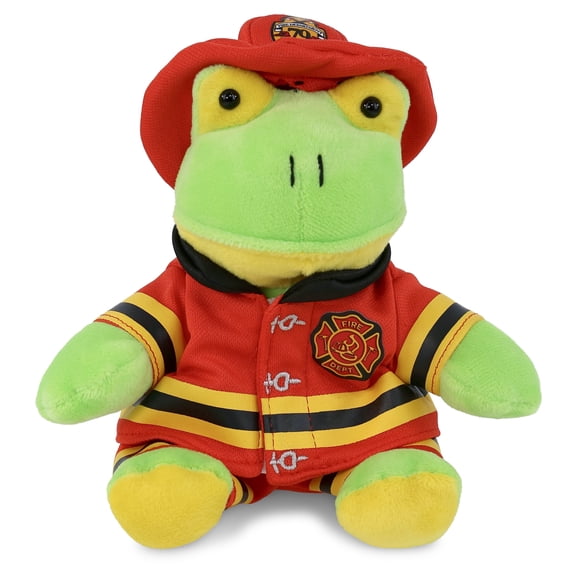 DolliBu Sitting Green Frog Firefighter Stuffed Animal - Super Soft Frog Fireman Toy with Red Fireman Costume Outfit and Fireman Hat, Farm Life Animal Fire Fighter Doll Plush Toy for Kids - 6 Inch