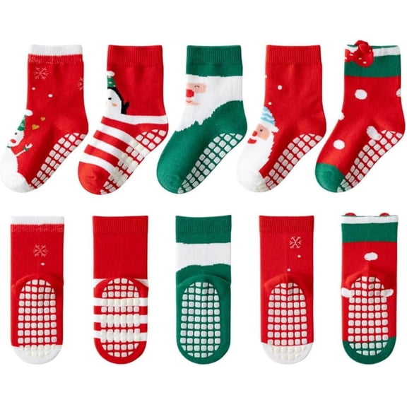 5Pairs Baby Toddler Christmas Socks Kids Non Slip Grip Socks Xmas Cotton Winter Holiday Cozy Socks for Boy/Girl Children