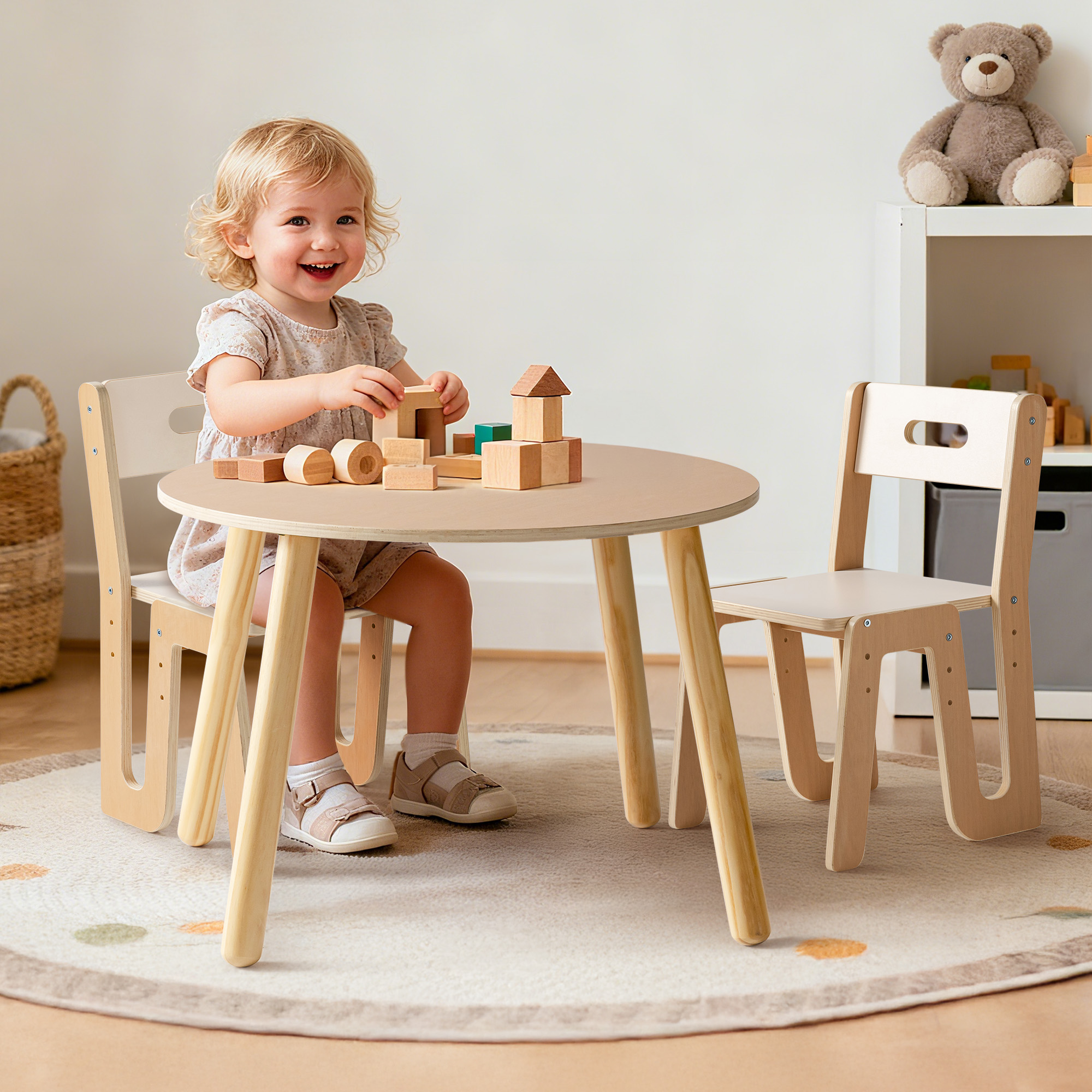 Robud Wooden Toddler 2 Chair and Talbles Set, Sturdy Round Table  Erasable Graffiti Desktop Kids Chairs, Classroom/Daycare/Home, Children Multi-Activity Table for Ages 3+