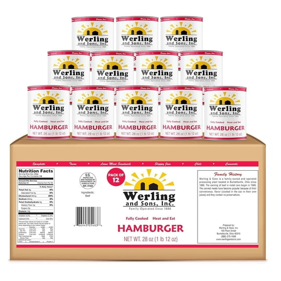 Werling Meats Canned Hamburger 28 Oz, Pack of 12 – Fully Cooked Ground Beef, Heat and Serve – 5-Year Shelf Life – High-Protein Canned Meat for Recipes, Camping, Emergency, and Survival – Made in USA