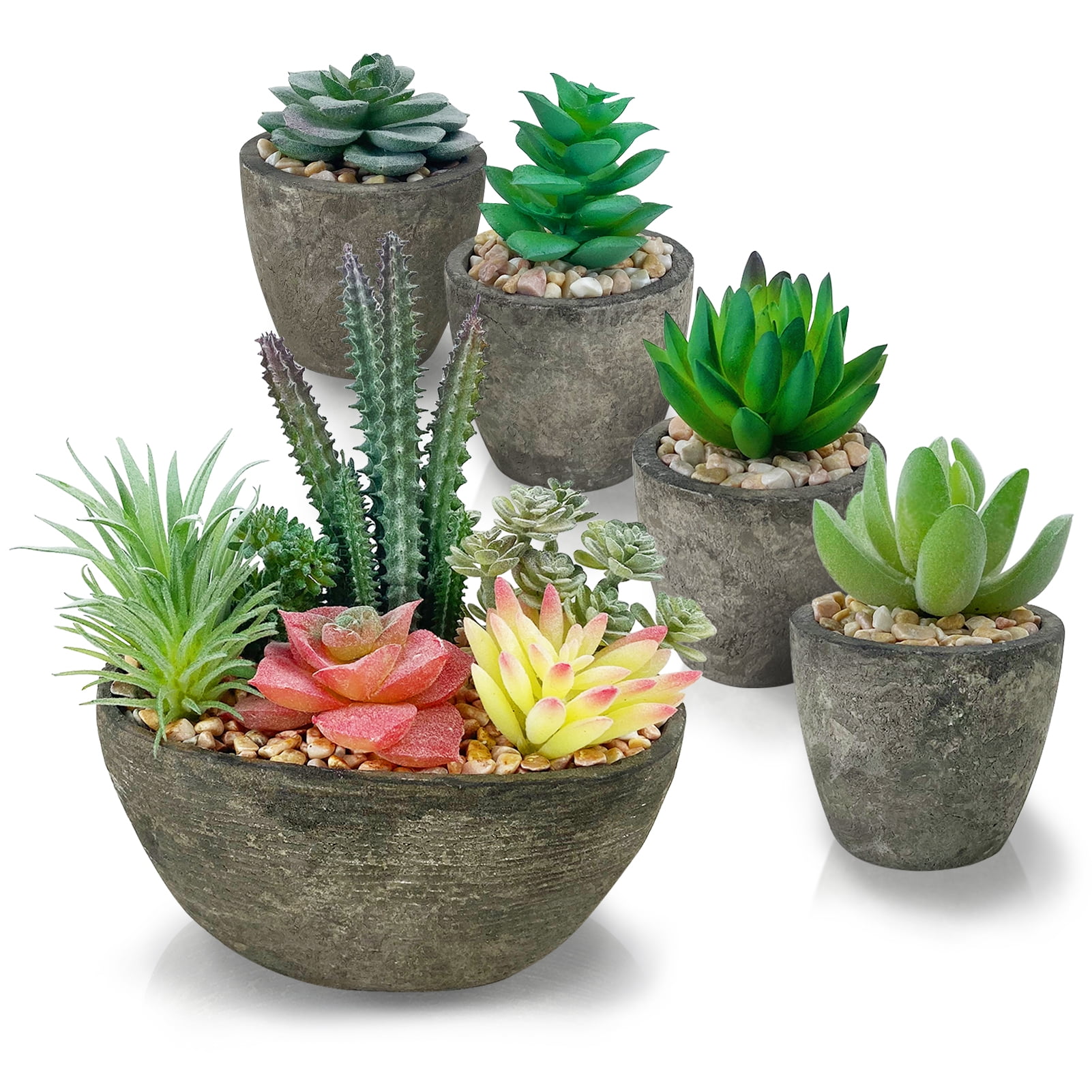 5 Pack Artificial Plant Fake Succulent Artificial Flowers with Cement like Pots for Home Office Decoration Green