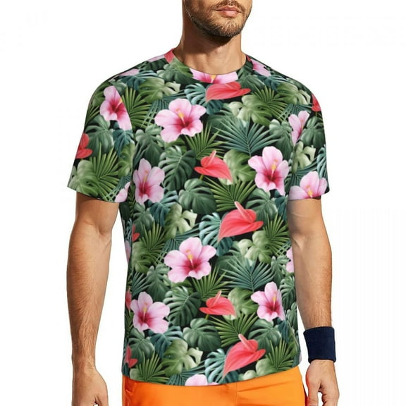 T Shirt For Men Sportswear T-Shirt For Men Pink Red Flower T-Shirts Harajuku Palm Leaf Print Summer