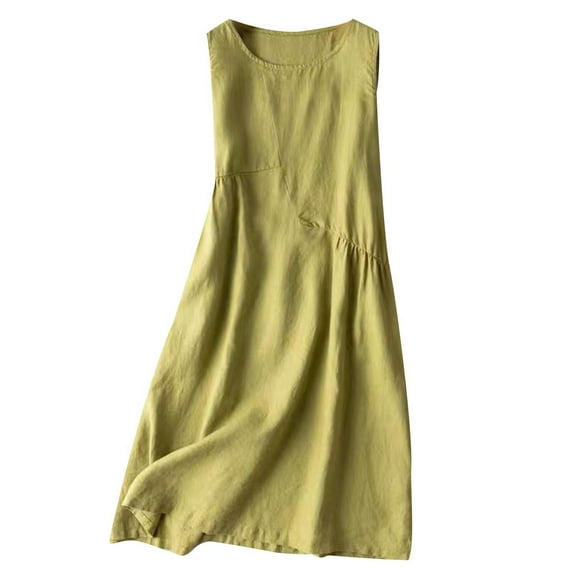 asdoklhq Jumper Dress for Women Dresses for Women 2026 Summer Women's Linen Solid Loose Sleeveless Round Neck Mid Calf Dress Green M