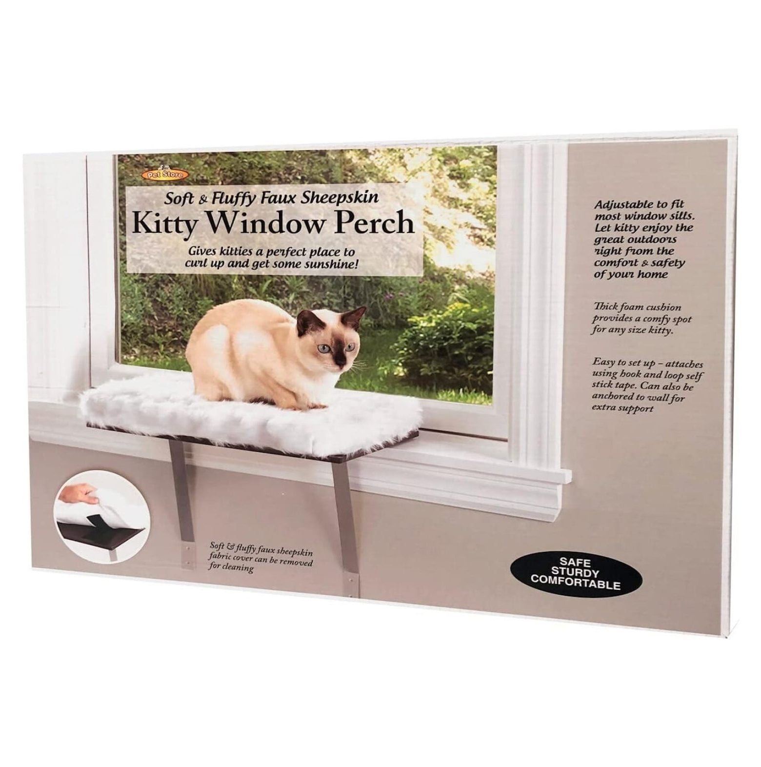 Window Mount Cat Perch - Window Sill Shelf, Padded Cat Wall Bed, Space Saving Furniture for Pets, Removable Faux Sheepskin Cover, Holds 20-35 Pounds