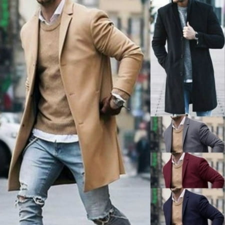Fashion Men Wool Coat Winter Trench Coat Outwear Overcoat Long Sleeve