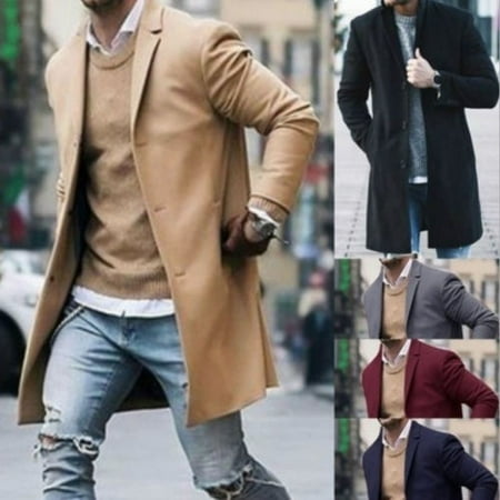 Cotton Blend Trench Coat - Fashion Men Wool Coat Winter Trench Coat Outwear Overcoat Long Sleeve Jacket