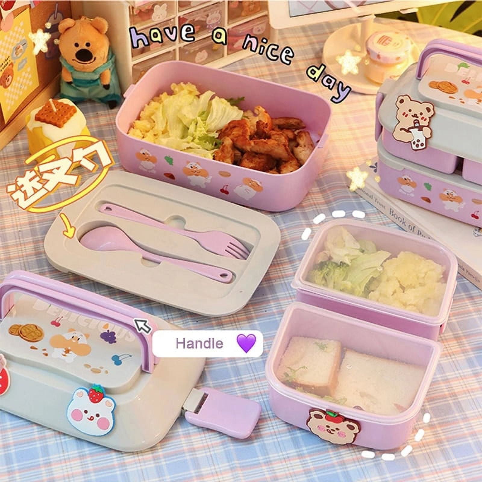 Kawaii Plastic Three Compartment Lunch Box With Compartment For