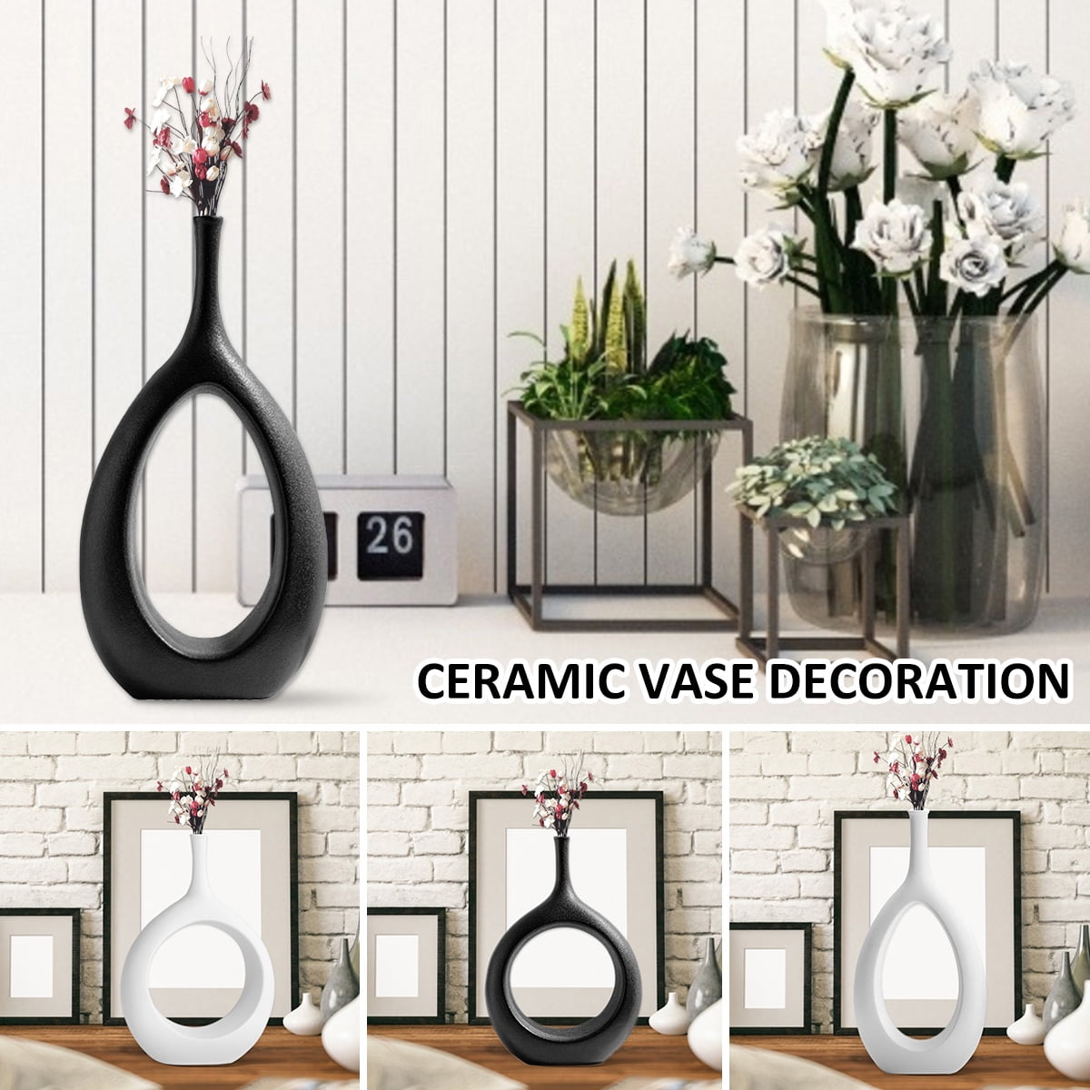 Vase Vintage Ceramic Flower/Dried Flower Arrangement for Home/Office Decorations Without Flowers Color : Black Trumpet 