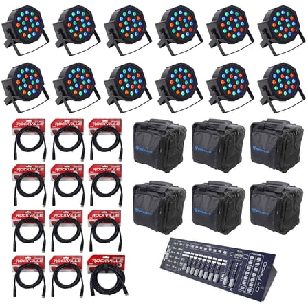 (12) Rockville Rockpar50 RGB DMX LED PAR Wash Up-Lights Controller Cables Bags