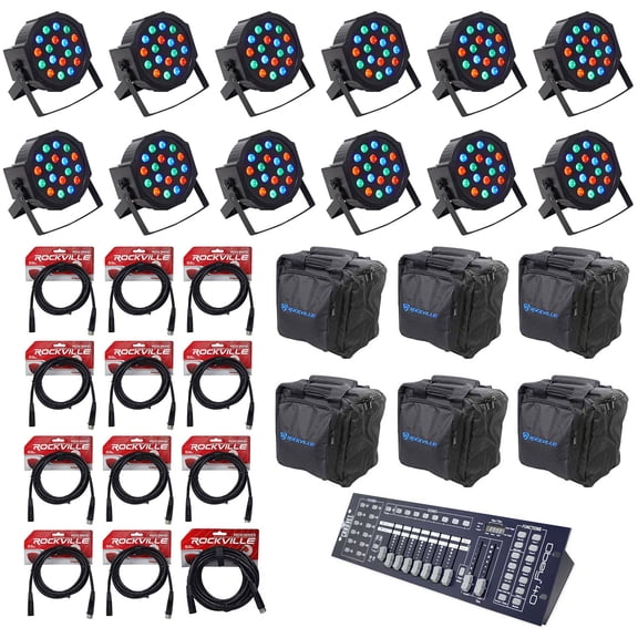 (12) Rockville Rockpar50 RGB DMX LED PAR Wash Up-Lights Controller Cables Bags