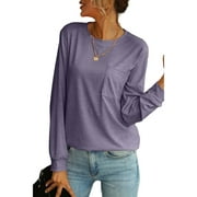 Women's Long Sleeve Round Neck Shirts Loose Casual Tee T-Shirt with Pocket