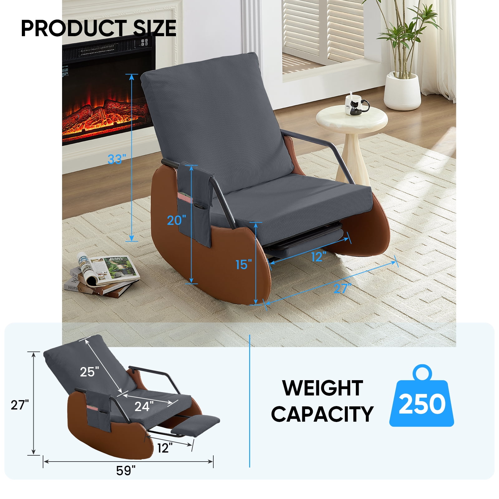 BALUS Rocking Chair, Corduroy Nursery Recliner with Adjustable Backrest & Footrest, Side Pockets, Modern Living Room Seating Space-Saving Design, Orange