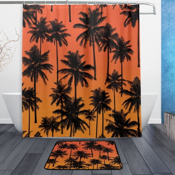TTYFWHD 60" x 72" Shower Curtain and Bath Mat Set Silhouettes Of Palm Trees Waterproof Bathroom Curtain with 12 Hooks, Bathroom Decor Set