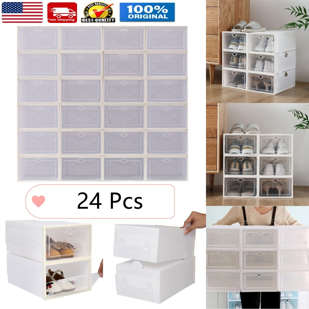 Goorabbit 24 Pcs Shoe Storage Boxes, Plastic Stackable Shoe Organizer