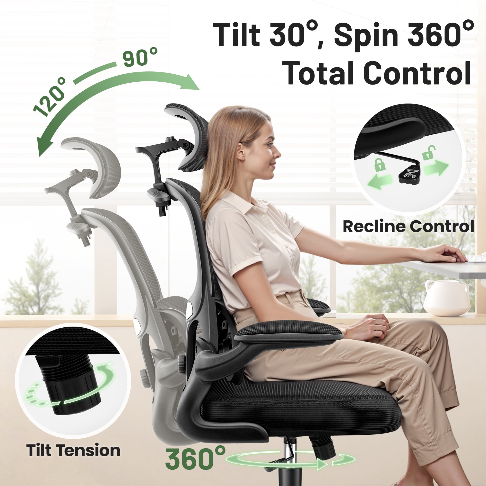 ATHOPE Ergonomic Office Chair, Desk Chair with Adjustment Lumbar Support and Headrest, Mesh Comfy High Back Computer Chair with Flip Up Arms for Home Office, Black