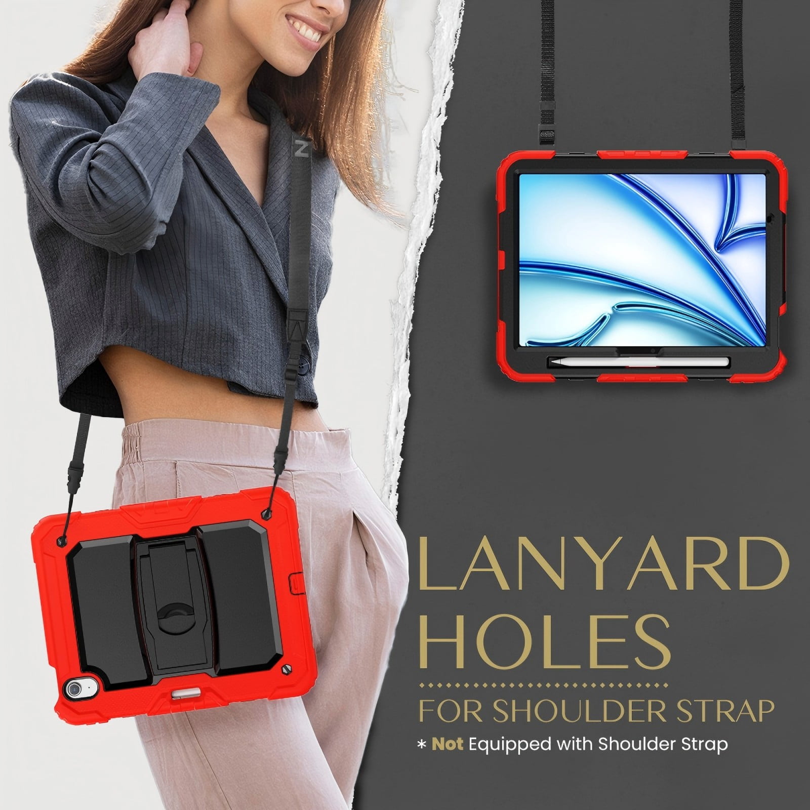 Rugged Case For Apple iPad Air 11 (2024) – 3-Layer Protection Shockproof Stand Cover with Screen Protector, Adjustable Stand, Shoulder Strap, & Pencil Holder -- Red