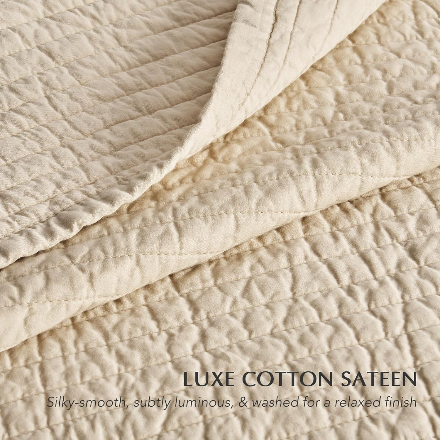 EVERGRACE Cotton Sateen Quilt Set Queen Size, Pre-Washed Cotton Channel Stitch Coverlet Bedspread, 3 Pieces Lightweight Soft Bedding Sets for All Season, with 2 Pillow Shams, Light Sand
