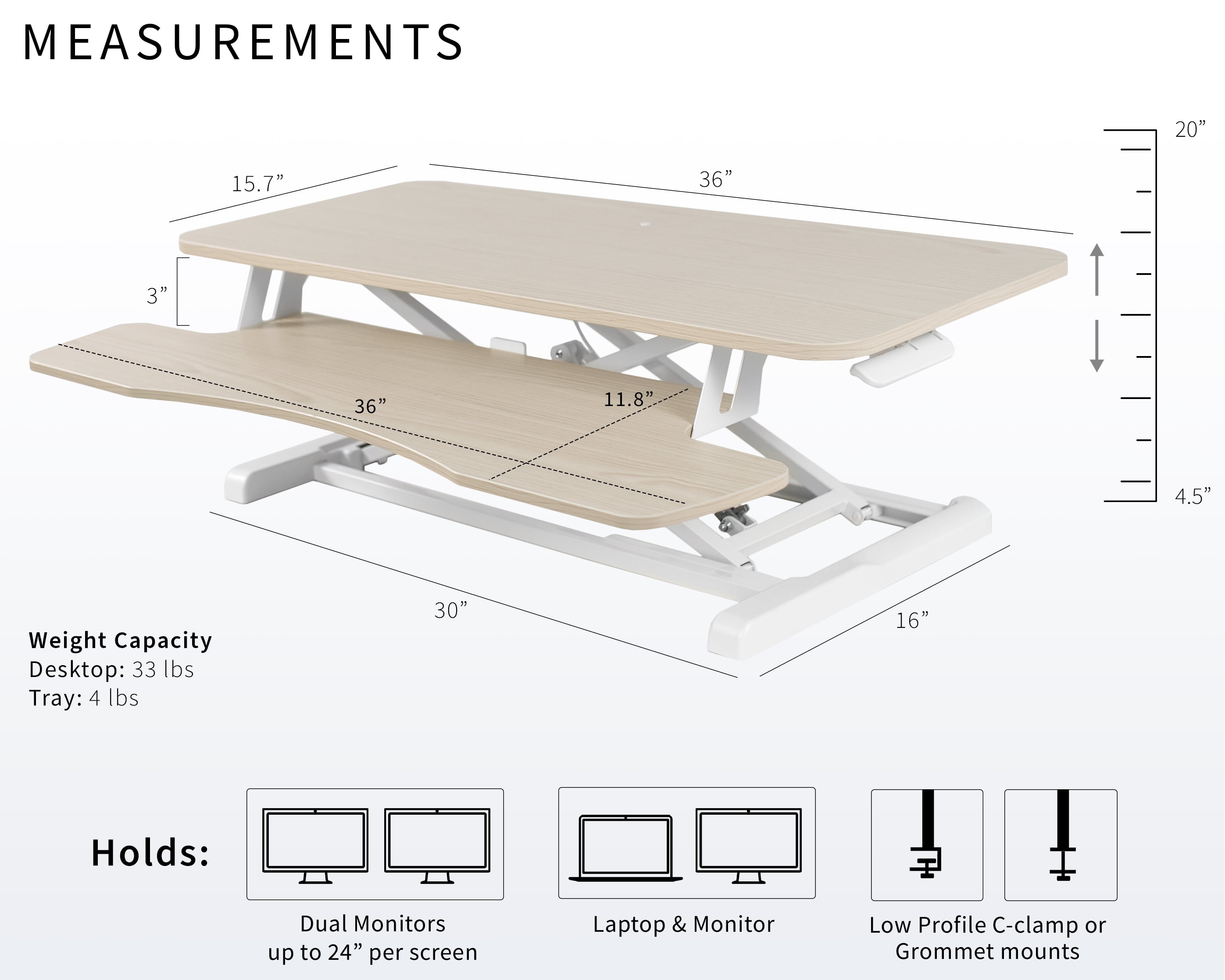 VIVO Light Wood Height Adjustable 36" Standing Desk Monitor Riser, White Frame