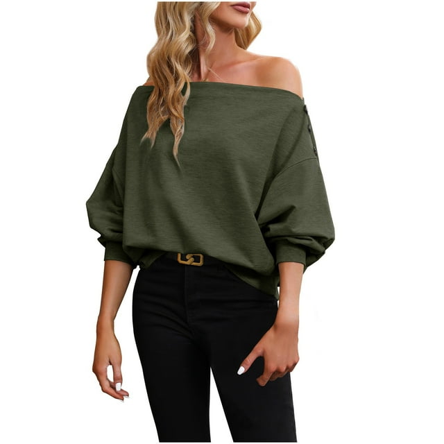 Wyzesi Chandails à Col Rond pour Femmes Plus Chandails d'Automne à Épaules Dénudées Chandails Blancs Gilets Chandails pour Dames à Boutons