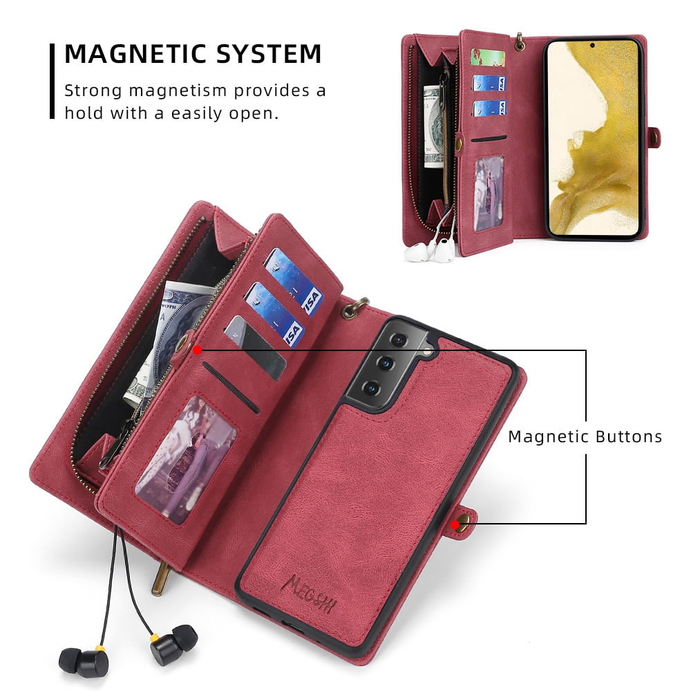 Allytech Case for Samsung S22 Cover for Galaxy S22 2022(6.1"), Durable PU Leather Magnetic Flip Lanyard Wristlet Strap Zipper Card Holder Phone Wallet Case for Galaxy S22 [5G], Red