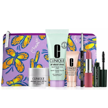 Clinique 7 PCS Travel Size Skincare Makeup Sample Gift Set Blue Butterfly Bag