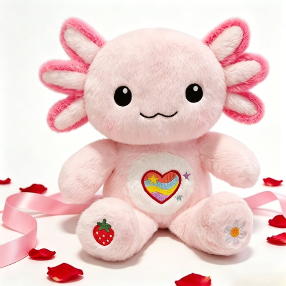 Pink Axolotl Plush Toy, 10.6in Soft Stuffed Animal with Rainbow Heart Embroidery, Easter Gift for Kids, Cute Room Decor