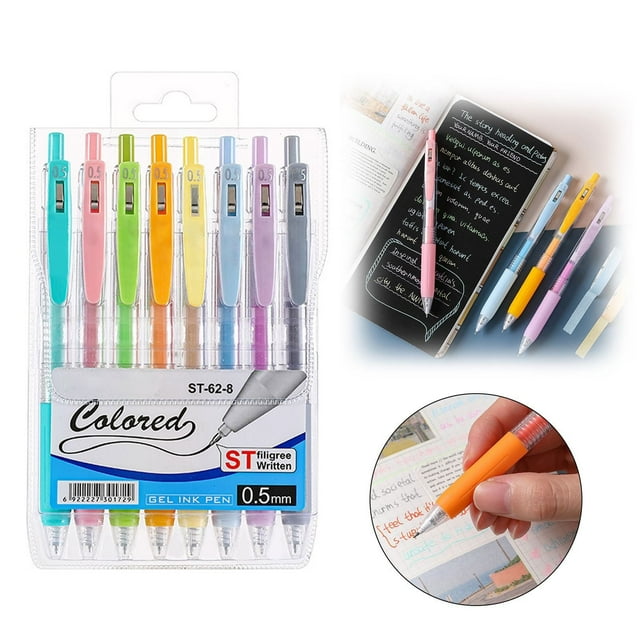 8 Pack 0.5mm Retractable Gel Pens – Assorted Color Ballpoint Pens with Soft Grip Clip for School, Office, Journaling & Note Taking