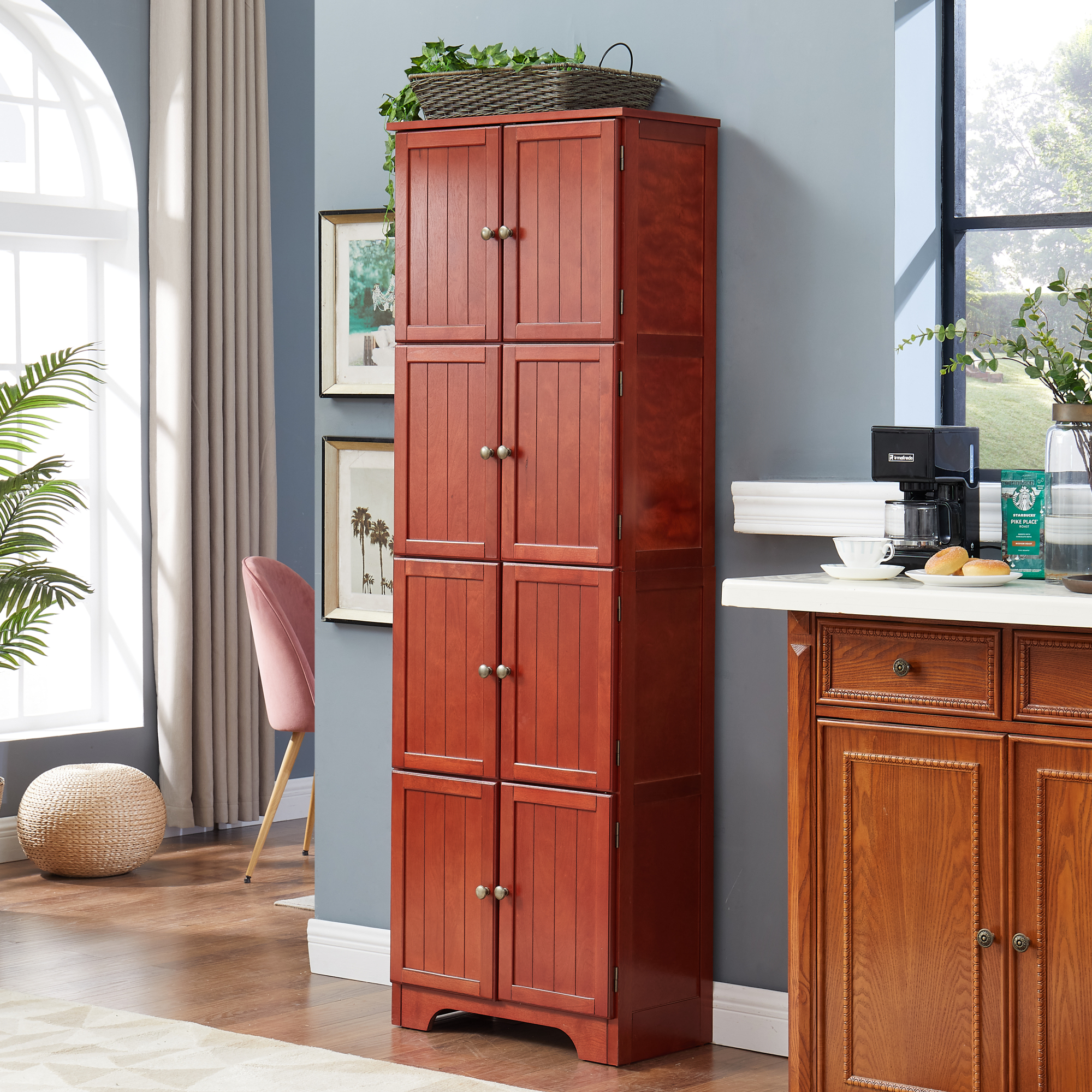 Leumius 72.4" Tall Storage Cabinet Tall Storage Cabinet with 8 Doors and 4 Shelves ,Bookshelf for Living Room, Kitchen, Dining Room, Office Cherry
