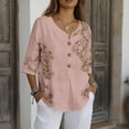 thumbnail image 6 of Daiosportswear Linen Shirts for Women Loose Fit Notched V Neck 3/4 Sleeve Summer Tops Dressy Button Flower Print Work Blouse,Womens Tops Multicolor-Q XL(XL), 6 of 7