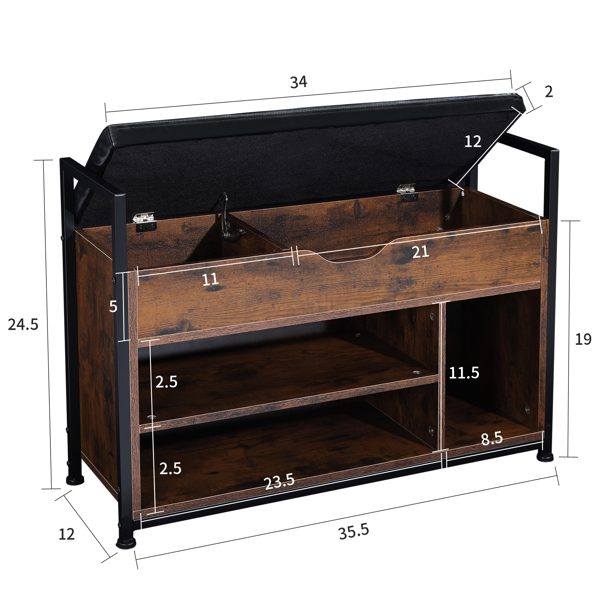 LOGYAT 35 Inch Shoe Bench with Storage and Cushioned Seat, Entryway Bench Shoe Rack Organizer for Entry, Bedroom, Closet, Living Room, Hallway, Rustic Brown and Black