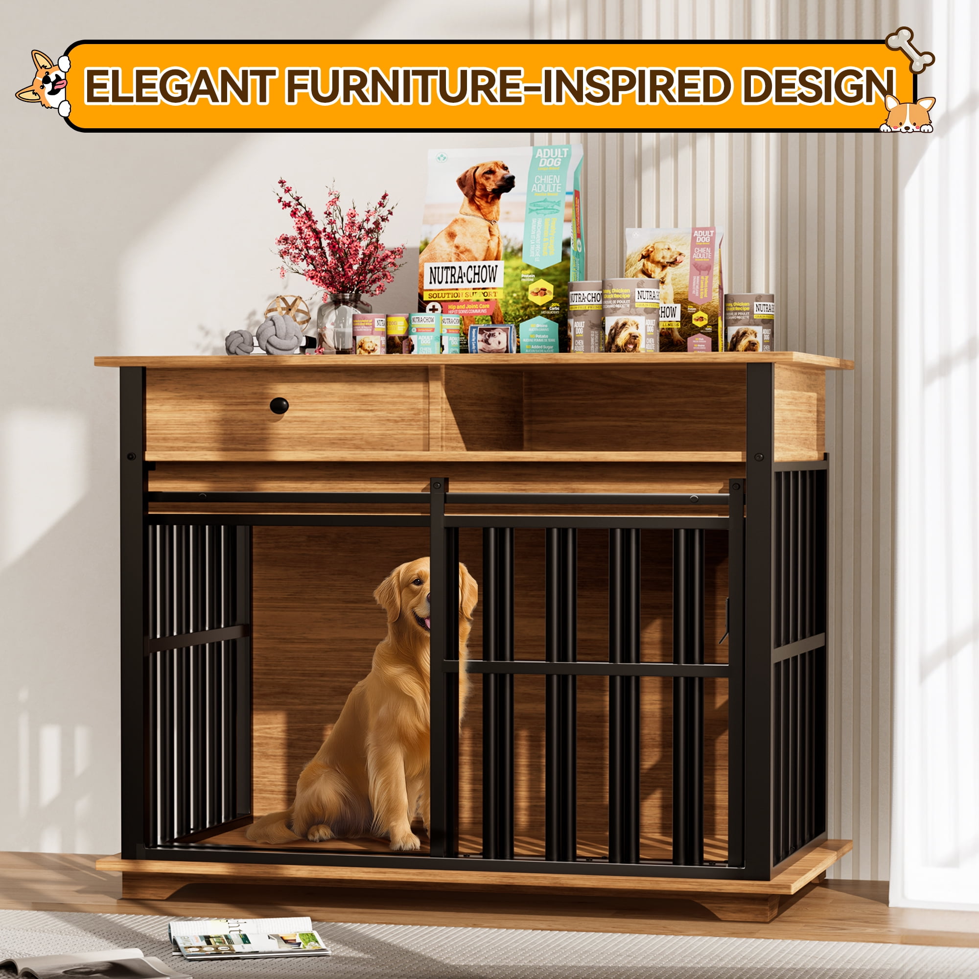RERIOU 36" Dog Crate with Double Storage Cabinets, Indoor Dog Kennel Table with Sliding Door & Removable Tray, Rustic Brown Pet Cage for Medium & Large Dogs, Decorative Home Furniture