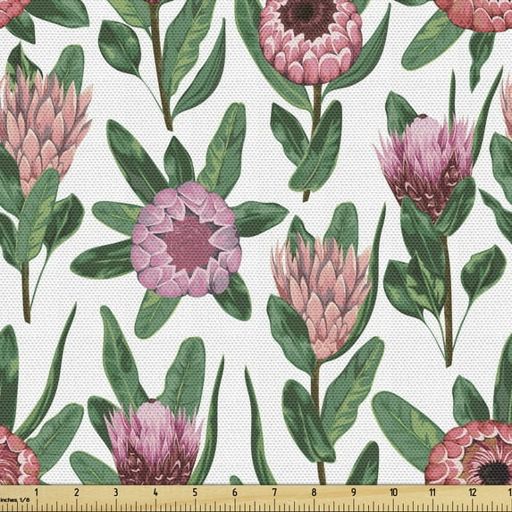 Vintage Botany Sofa Upholstery Fabric by the Yard, Protea Flowers with Leaves Spring Time Vibes Repetition, Decorative Fabric for DIY & Home Accents, 3 Yards, White Dried Rose and Green by Ambesonne