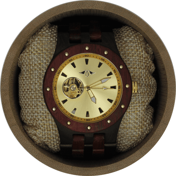 Angie Wood Créations Ébène Montre Automatique pour Hommes avec Cadran en Or