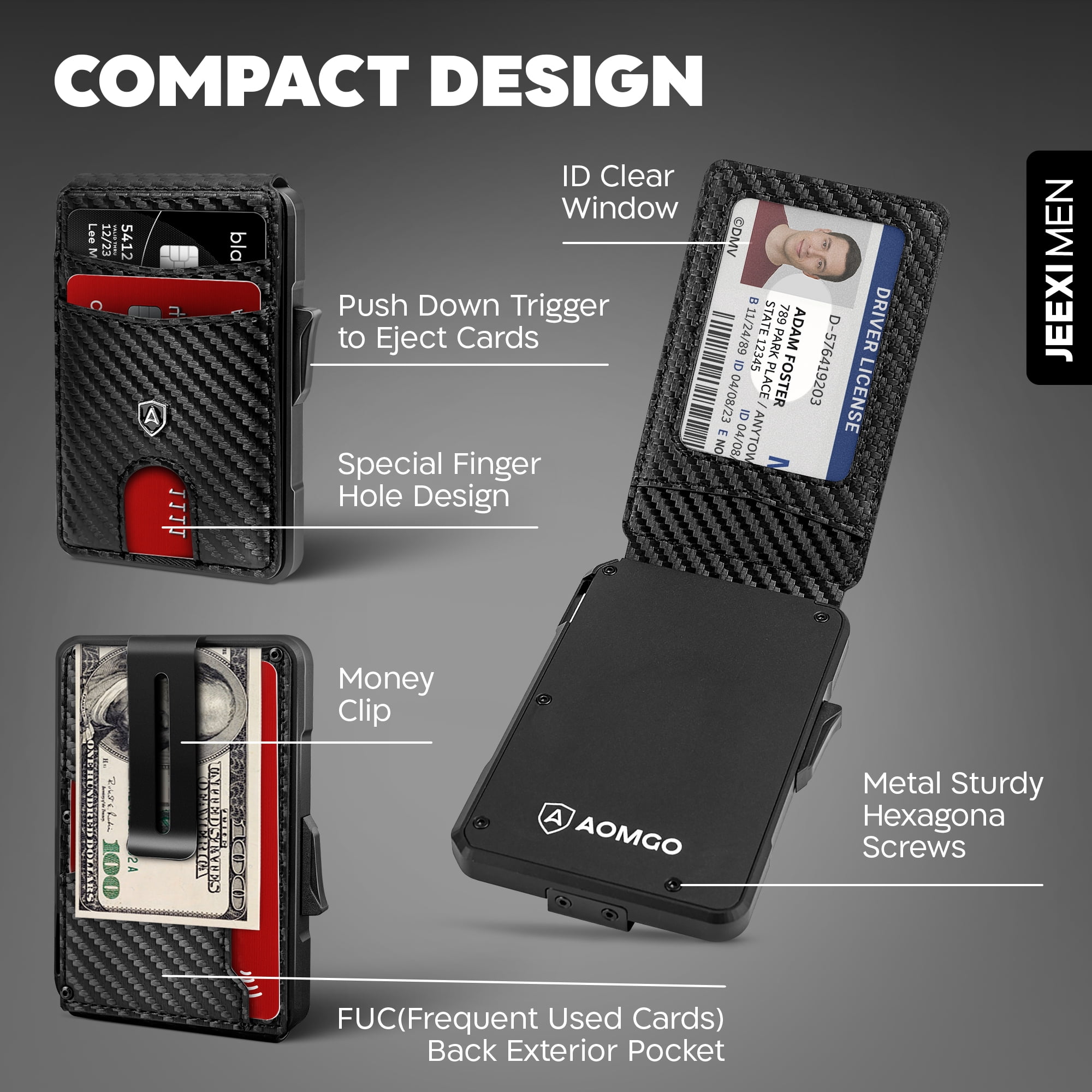 AOMGO Carbon Fiber Slim Wallet for Men - RFID Blocking Minimalist Bifold with Money Clip & Card Ejector | Holds 12 Cards, Cash | Front Pocket Leather Wallet, Secure Credit Card Holder for Travel