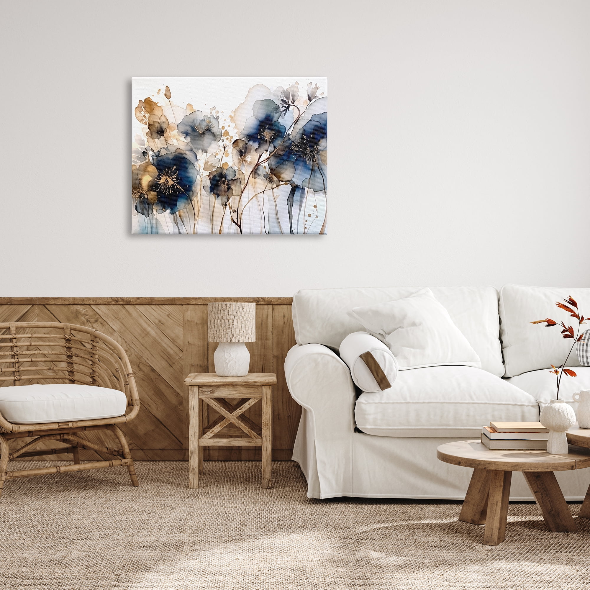 Stupell Industries Navy & Gold Abstraction Botanical & Floral Painting Gallery Wrapped Canvas Print Wall Art, 40 x 30