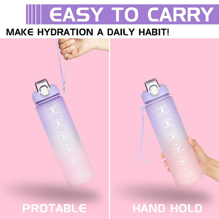 Sports Water Bottle with Straw, 1 Litre Motivational Leakproof Water Bottle with Time Markings, Cleaning Brush, BPA Free Drink Bottles for Cycling