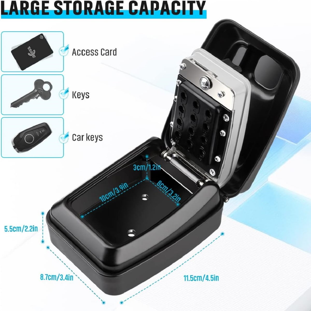 Key Lock Box for Outside, Waterproof Wall Mount Key Lock Box for House Key, 12-Digit Combination Resettable Large Capacity Security Lockbox for Home, Garage, Office, Gray