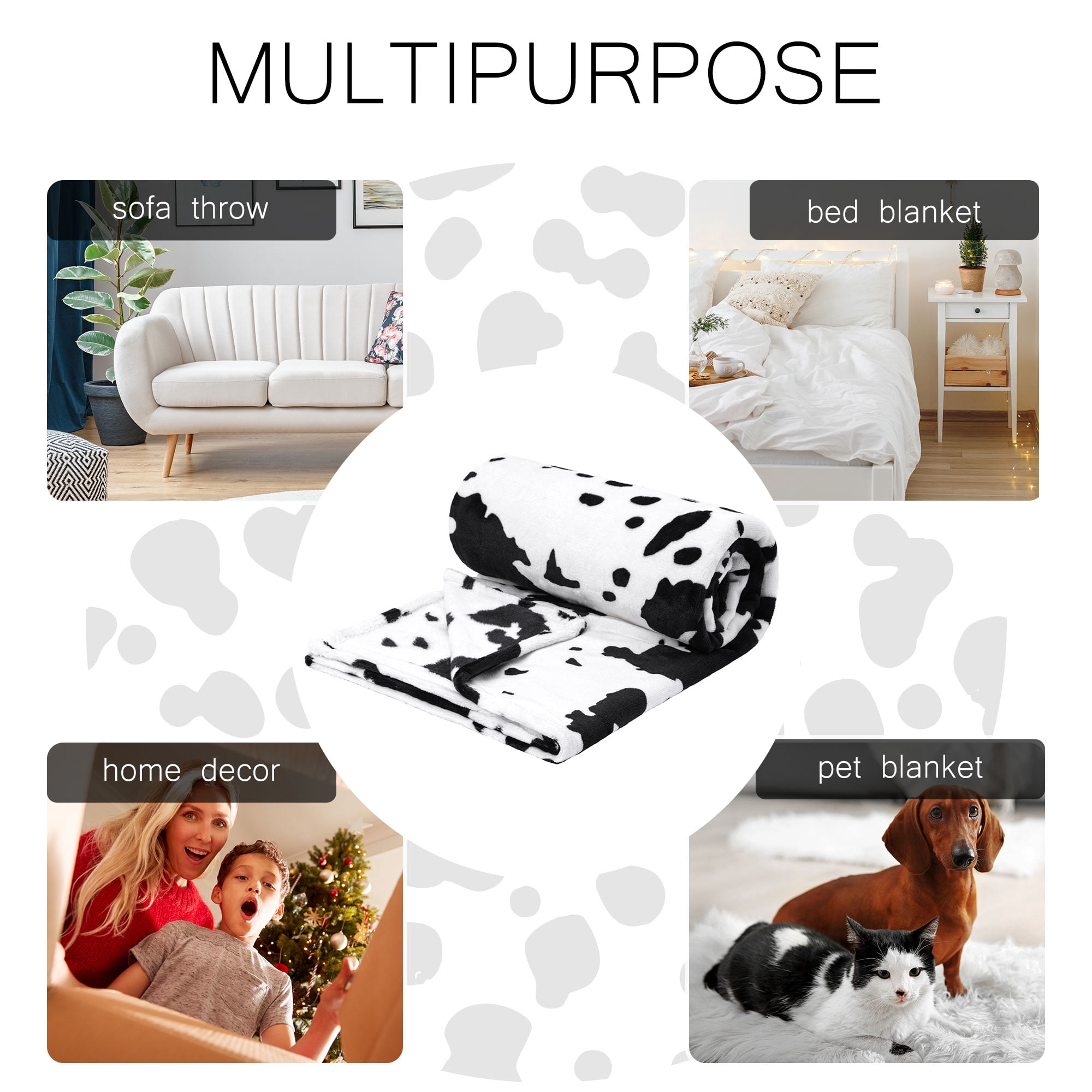 PiccoCasa Cow Printed Soft 300GSM Flannel Throw Blanket Sofa Bed Black 39" x 51"
