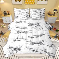 jejeloiu Retro Sketch Airplane 7pcs Bedding Comforter Set,Vintage Aircraft Theme Queen Bedding Sets,White Gray Queen Sheet Sets For Boys Kids,Super Cozy Room Decor Reversible