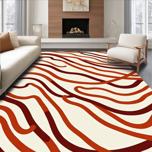 ODIKA 4'x6' Machine Washable Non-Slip Area Rug, Flowing Wave Abstract Contemporary Minimalist Design High Traffic Rug, Orange, 498733