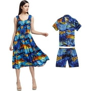 Matching Mother Son Hawaiian Luau Outfit Tank Elastic Dress Shirt in Sunset in Assorted Colors