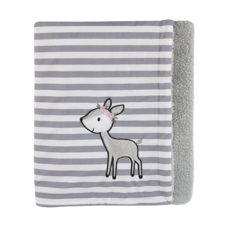 Little Love by NoJo Sweet Deer - Grey, White Stripe Plush Baby Blanket with Pink Deer Applique